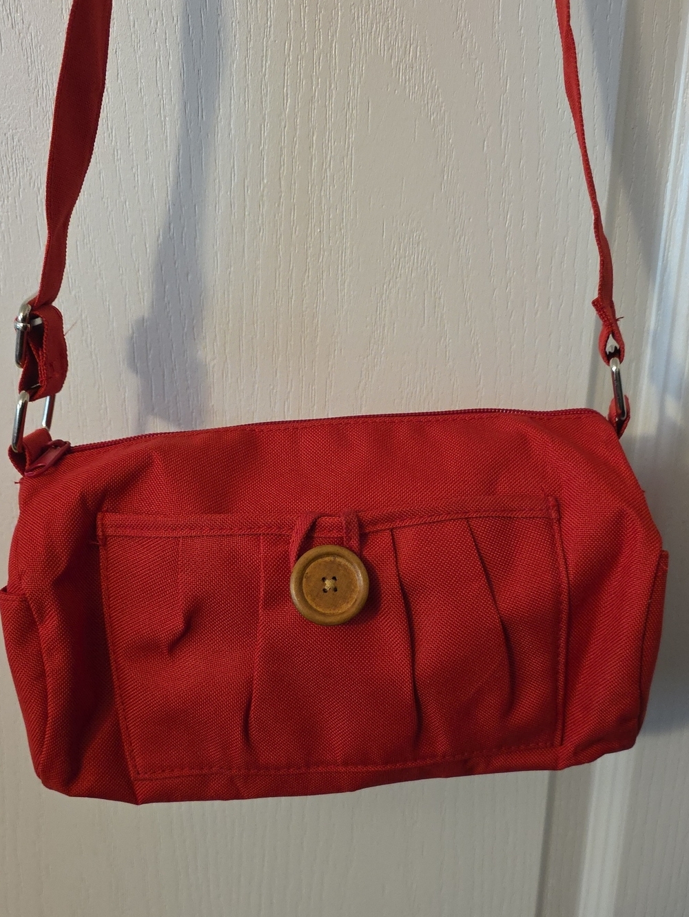Red Canvas Crossbody Bag with Button Accent - Picture 3 of 3